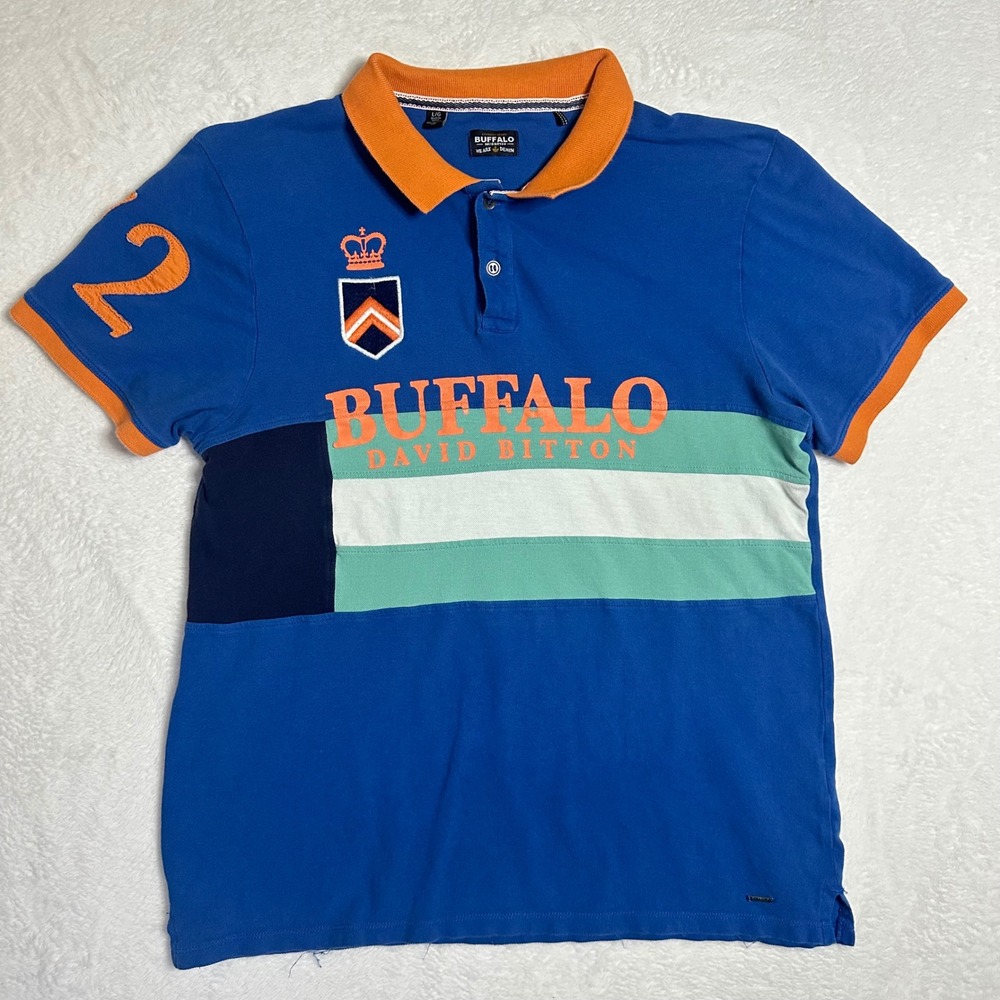 Buffalo David Bitton Polo Shirt Mens Large Blue Orange Colorblock Sporty Y2K